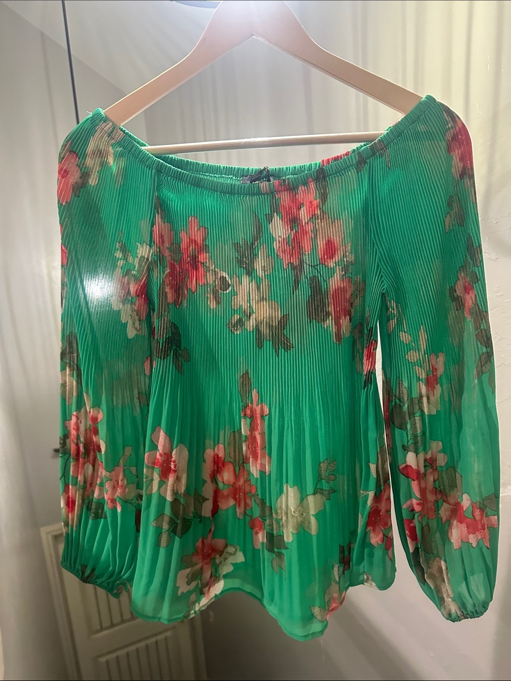 ODDY Green Floral Blouse with red and peach Accents can be worn on/off shoulder
